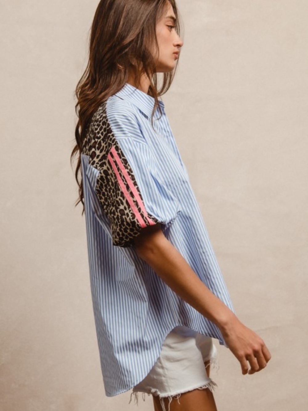 NWT Chambray Stripe Leopard Button Down Top - Picture 3 of 6